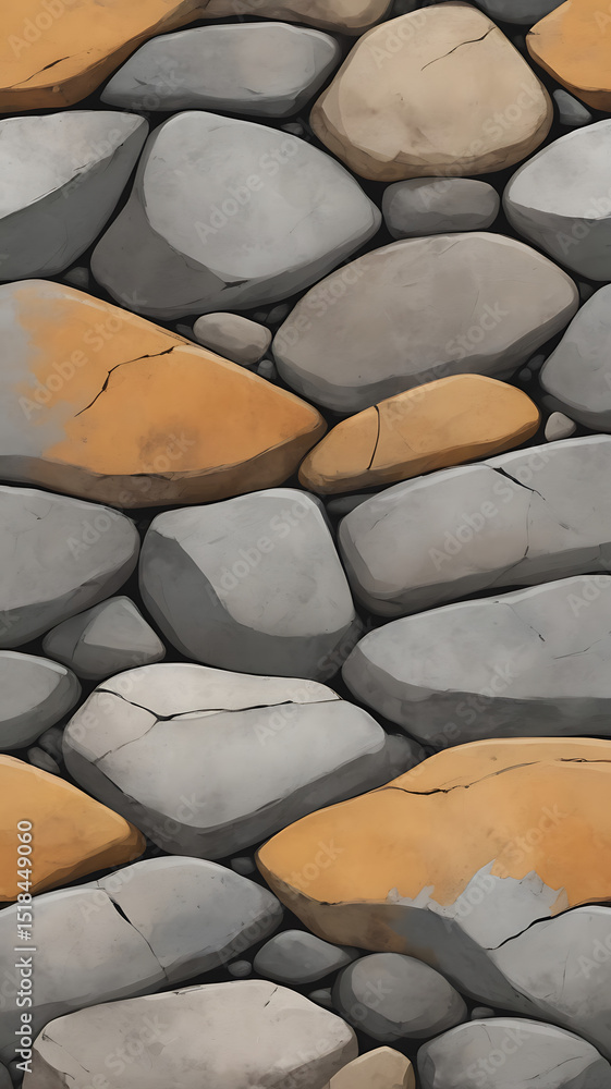 Fototapeta premium Weathered river stone wall, gray and ocher colors, Wabi-sabi aesthetic, with minimalist brushstrokes suggesting Zen calligraphy and nature's imperfection. 
