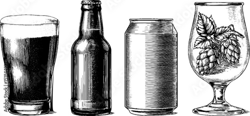 Engraved illustrations of craft beer bottle set with glasses and cans for design