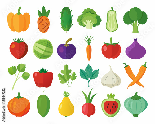 Colorful Flat Illustration of Various Fruits and Vegetables Collection colorful flat icons depicting different fruits vegetables fruits vegetables illustration icons flat design tomato pepper pumpkin