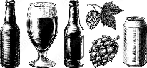 Engraved craft beer illustration set with bottles glass and hops for vintage design