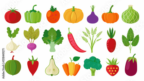 Colorful Collection of Various Fresh Vegetables Flat illustrations different fruits and vegetables displayed vibrant colors vegetables fruits tomato bell pepper pumpkin eggplant fig chilli garlic