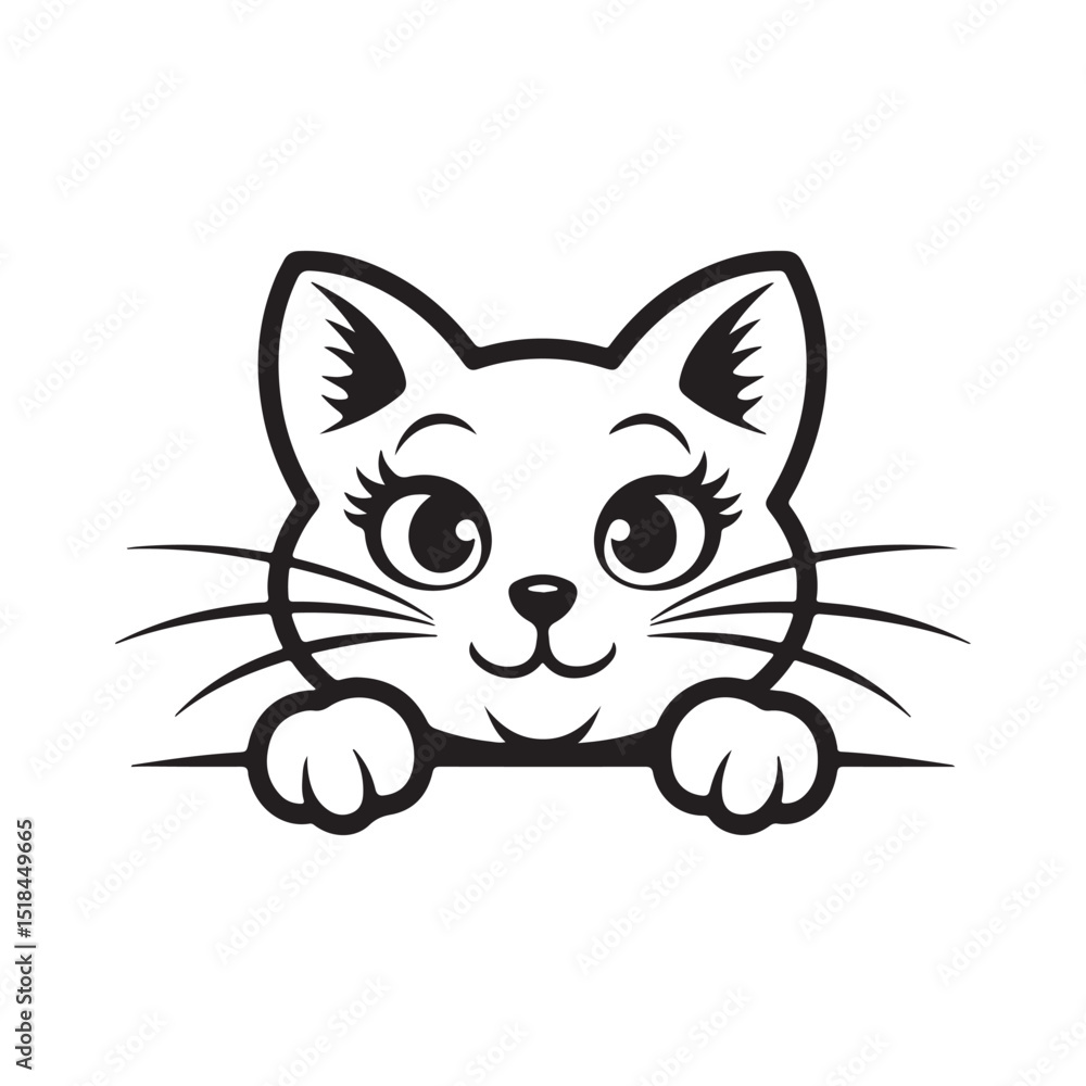 Obraz premium Adorable Cartoon Cat Peeking Over a Surface, Black and White Illustration