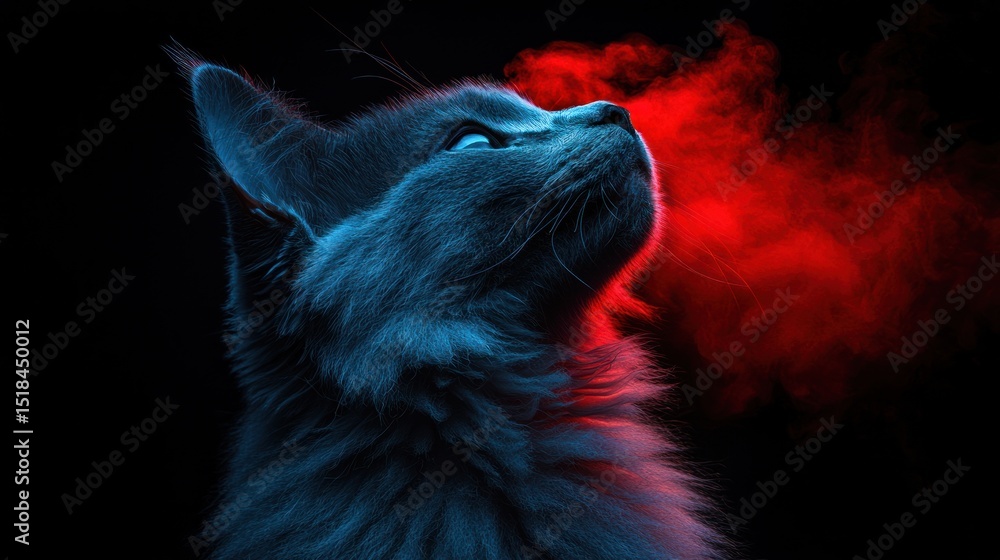 Obraz premium Blue cat looking up, red light and black background