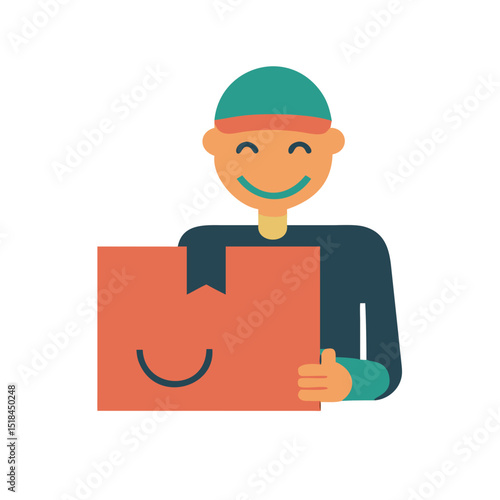 Delivery person smiling with a package icon representing logistics and last mile delivery satisfaction