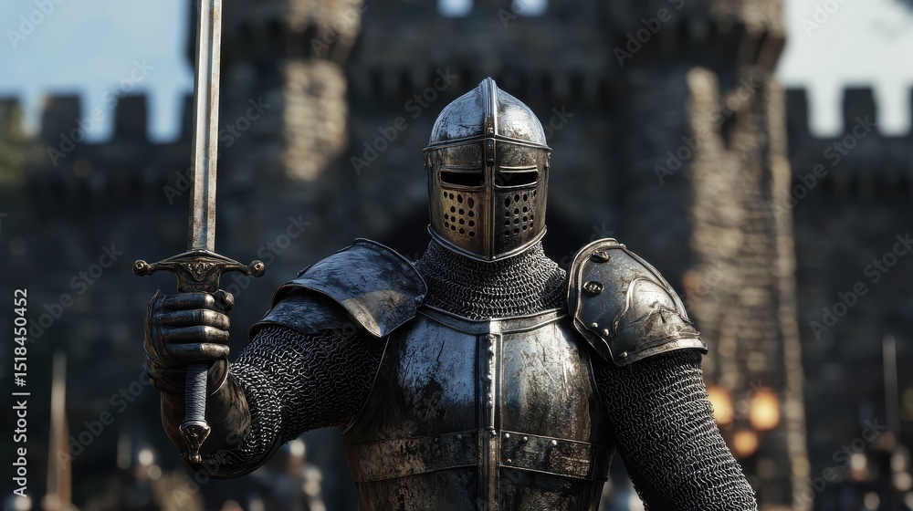 A medieval knight in shining armor, holding a sword aloft in front of a castle gate. A medieval knight in shining armor, holding a sword aloft in front of a castle gate.