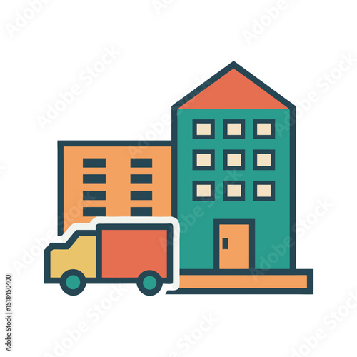 Delivery truck in front of buildings icon representing logistics and last mile delivery service