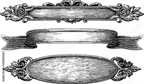 Vintage decorative banners and corners engraved illustration set for elegant design projects