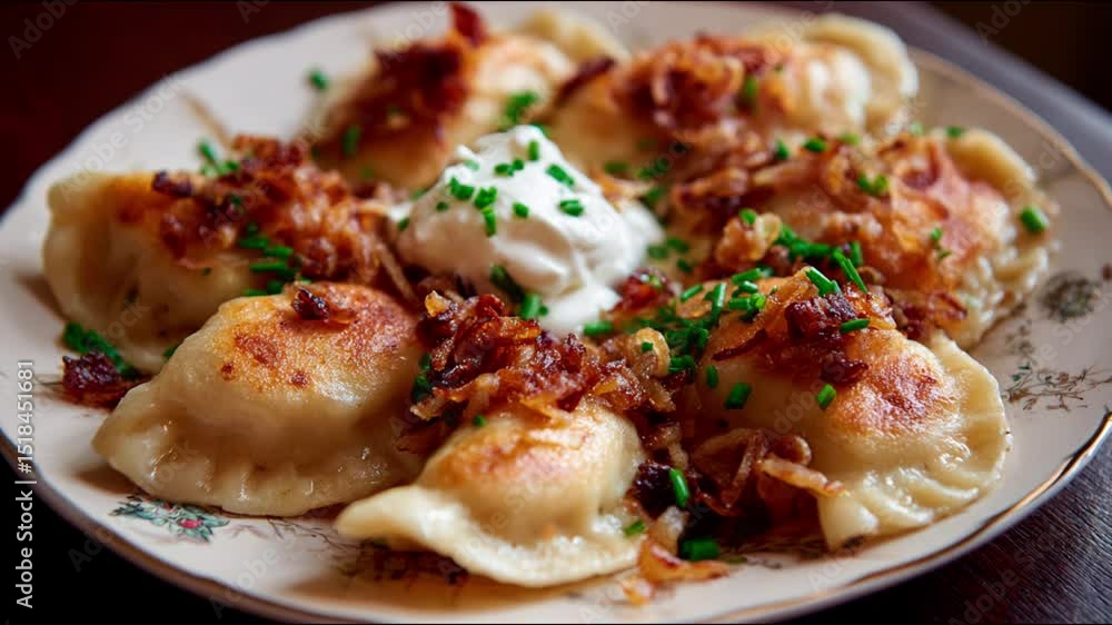 Close-up of delicious pierogi dumplings served on a decorative plate, enticingly garnished. Close-up of delicious pierogi dumplings served on a decorative plate, enticingly garnished.