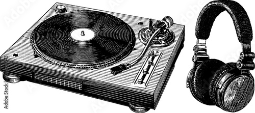 Vintage dj turntable and headphones engraving for music design and events