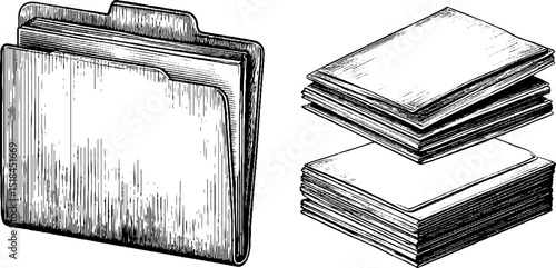 Vintage engraved illustration of document folder and paper stack for office design