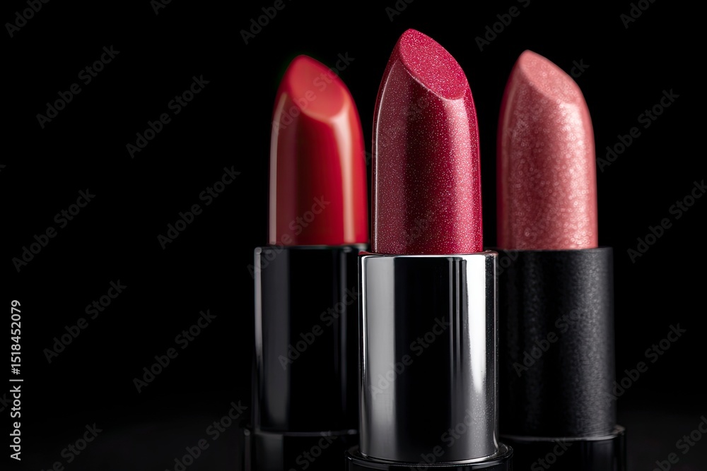 Obraz premium Three lipsticks glossy and distinct in color stand against a stark black backdrop