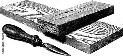 Engraved illustration of drywall panel set with joinery tool for construction and design