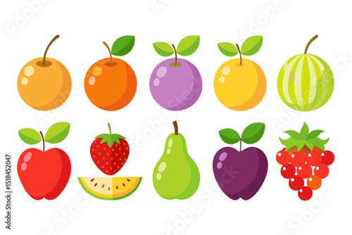 Colorful Flat Illustration of Various Fruits Cartoon style fruits including apples oranges plums watermelons pears strawberries and red berries fruits illustration apple orange plum watermelon