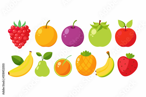 Collection of Colorful Cartoon Fruits Flat illustration various fruits including berries apples oranges plums bananas and more fruits berries apple orange plum banana strawberry pineapple