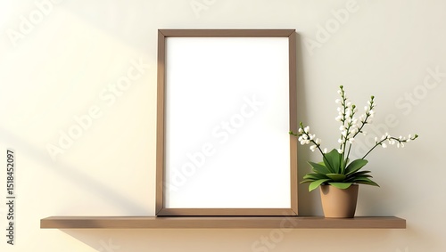 Wooden Poster Frame Mockup with Potted Greenery