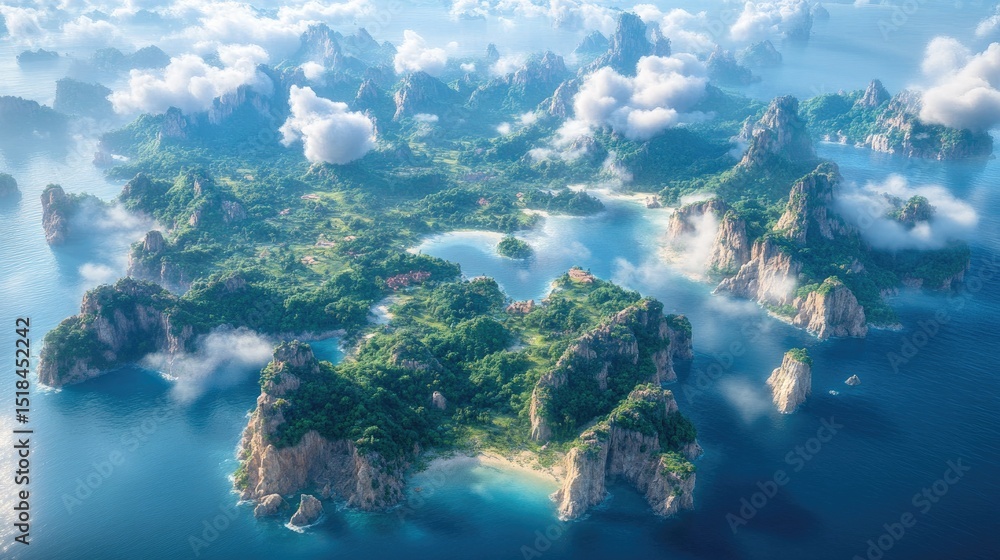 Fototapeta premium Lush islands and a tranquil ocean vista.