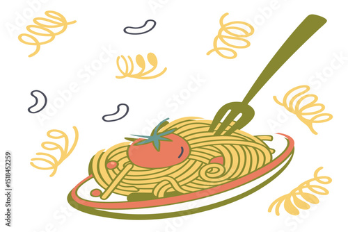 Italian pasta. Vector fun modern food art illustration of pasta, plate of spaghetti, tomato, typography, fork for kitchen or cafe wall poster, background, decor. More pasta please. Bon appetit