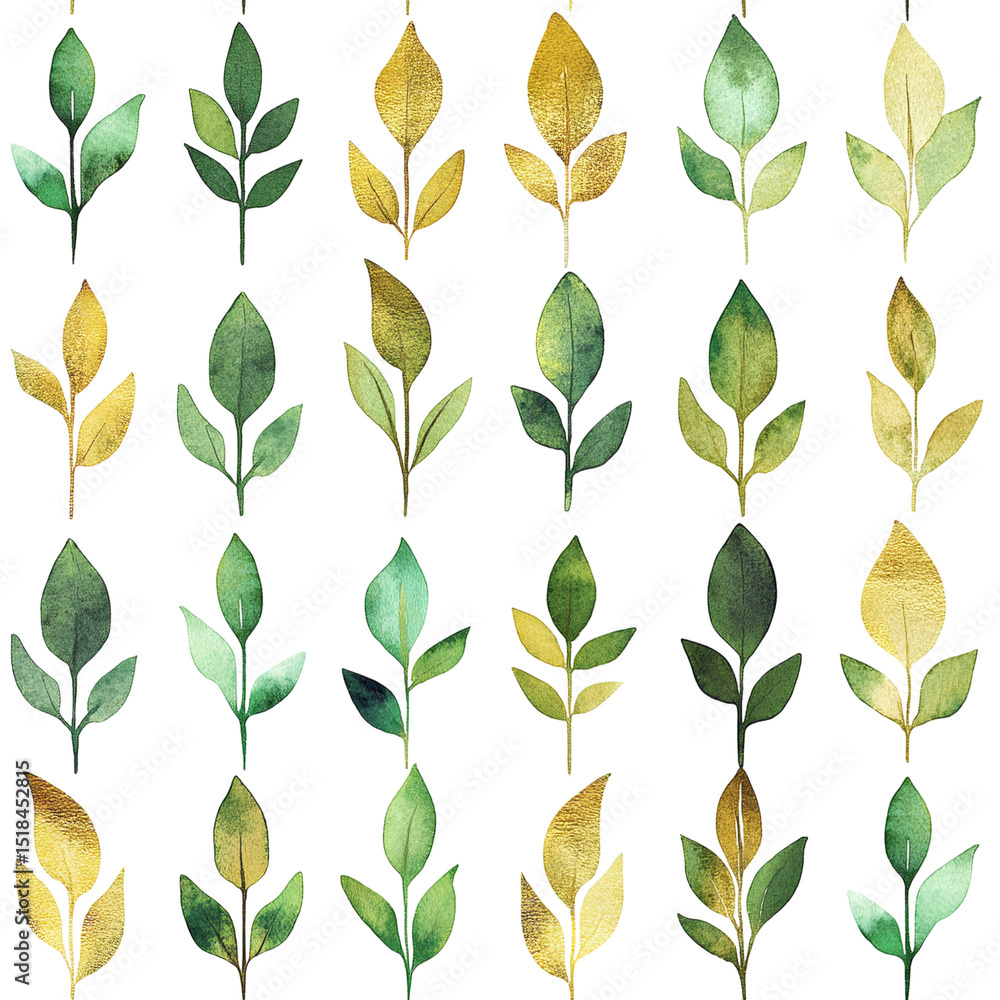 Watercolor leaves pattern background design with gold accents for digital paper and surface design on transparent background Watercolor leaves pattern background design with gold accents for digital paper and surface design on transparent background