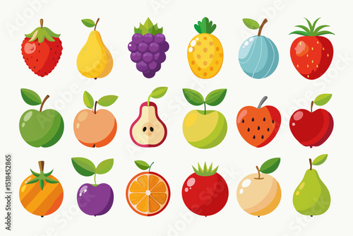 Colorful Flat Design Fruit Icons Collection various fruits flat design style fruit icons flat design illustration apple strawberry pear grapes pineapple orange tomato plum watermelon