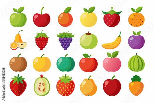 Colorful Flat Illustration of Various Fruits Collection cartoon style fruit icons vibrant colors fruit apple orange banana strawberry cherry kiwi grape raspberry pear plum watermelon