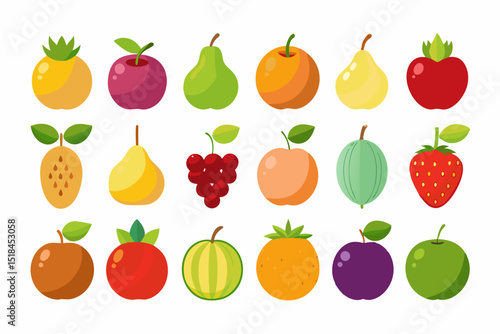 Collection of Colorful Cartoon Fruits Flat design illustration various fruits including apples pears peaches plums and berries fruits apple pear peach plum strawberry grapes watermelon
