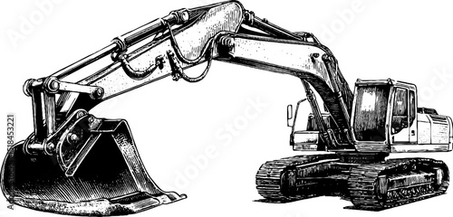 Detailed engraving of excavator arm and digging machinery for construction themes