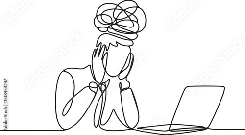 Continuous line drawing of stressed businessman with mental burden and depression due to office work pressure

