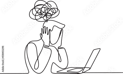 Continuous line drawing of stressed businessman with mental burden and depression due to office work pressure

