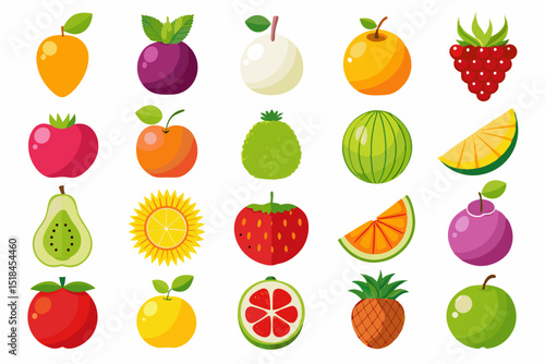 Colorful Flat Illustration of Various Fruits Collection cartoon style fruit icons vibrant colors fruit illustration icon apple banana orange mango grapes strawberry watermelon pineapple kiwi pear