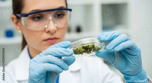 Female scientist in safety goggles examining green plant sample in laboratory research biotechnology concept
