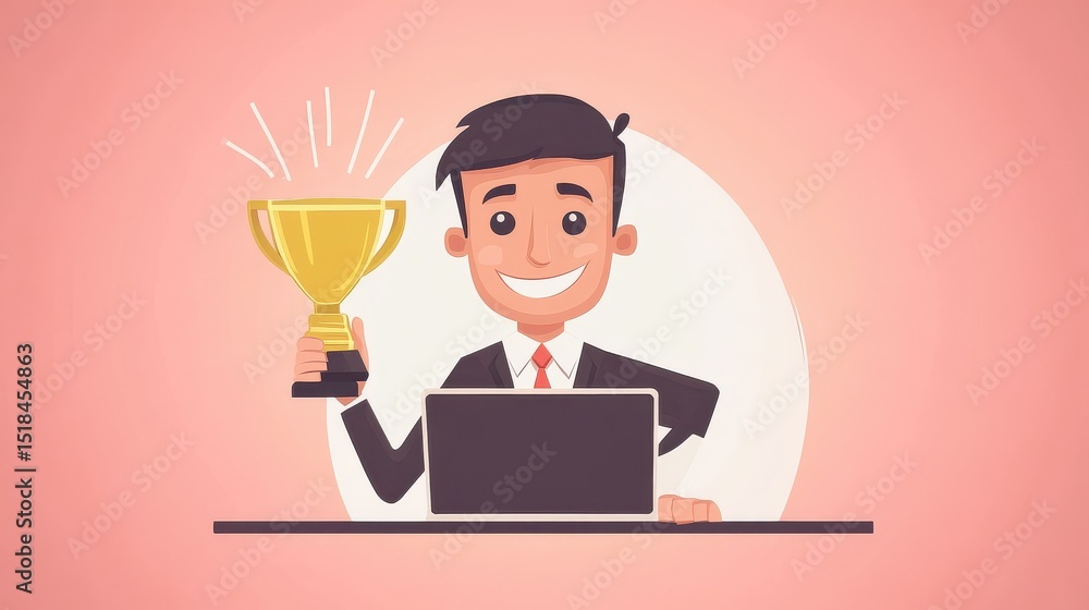 Light bulb, businessman working with laptop and getting trophy cup. Entrepreneurship, start up business and opportunity concept on white background. Coral pink palette vector isolated illustration. i Light bulb, businessman working with laptop and getting trophy cup. Entrepreneurship, start up business and opportunity concept on white background. Coral pink palette vector isolated illustration. i