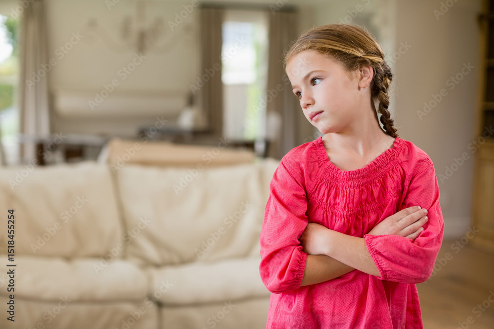 Naklejka premium Child crossing arms and wearing red top in room with beige sofa, wooden table and chandelier