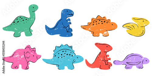 Hand drawn multicolor dinosaurs set. Vector crayon pencil, chalk illustration. Dino collection, kids design elements