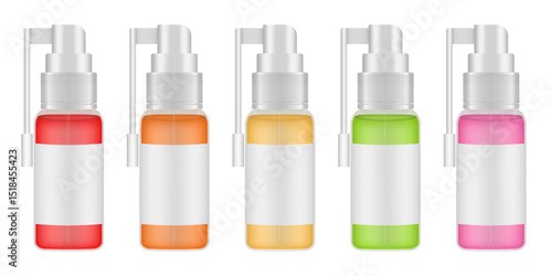 Mockup of a sore throat spray. Transparent bottles filled with red, orange, yellow, green and pink suspensions. Oral medicine. Aerosol container