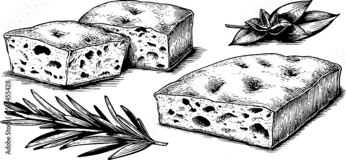 Engraved illustration of focaccia bread with herbs. Vintage design of bakery loaf and rosemary slice. Detailed black and white culinary sketch.