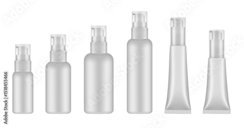 Set of white cosmetic bottles and tubes with pump. Dispenser for soap or lotion. Plastic cosmetic containers. Serum or gel