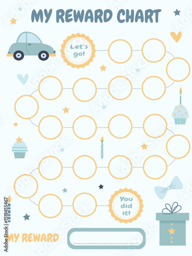 A map of achievements of your dream or goal for a child with a cute car, a gift and festive decor