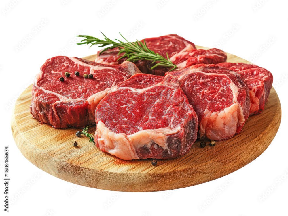 Savory Slices: A close-up shot captures a selection of perfectly cut, fresh ribeye steaks, artfully arranged on a rustic wooden cutting board, complete with aromatic rosemary and peppercorns. Savory Slices: A close-up shot captures a selection of perfectly cut, fresh ribeye steaks, artfully arranged on a rustic wooden cutting board, complete with aromatic rosemary and peppercorns.