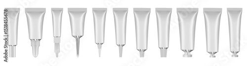 Set of white metal tubes. Realistic mockup. Long nozzle tube for ointment or salve. Gel or serum. Korean cosmetic packaging. Toothpaste or hand cream