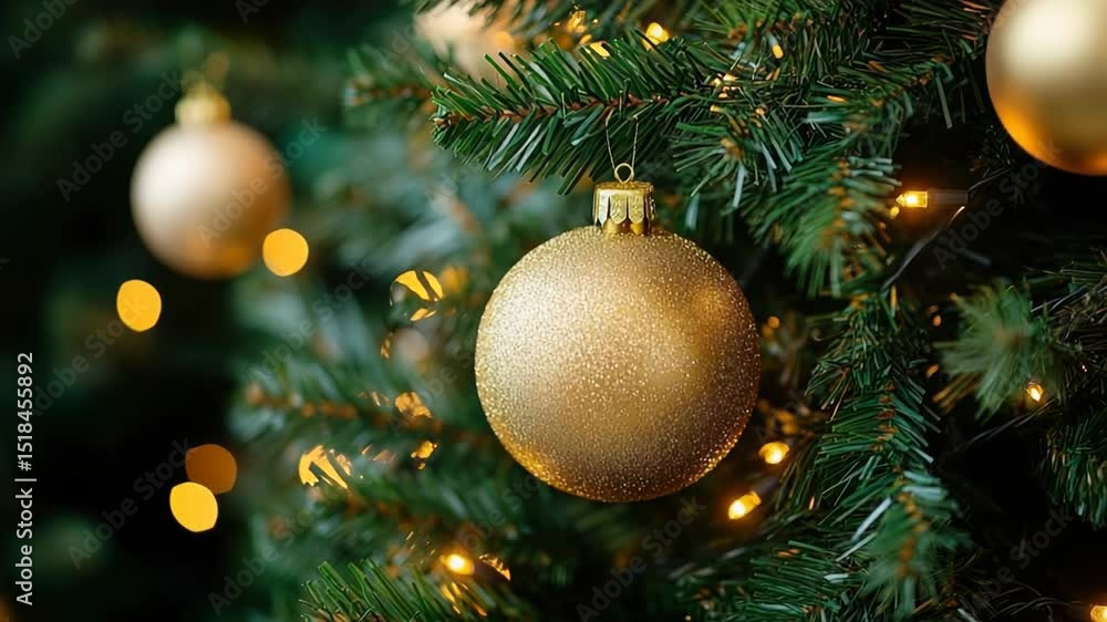 Golden bauble on festive tree with lights Golden bauble on festive tree with lights