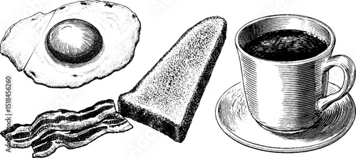 Vintage engraving of breakfast with fried egg, bacon, toast, and coffee