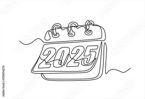 Loose-leaf calendar continuous line drawing. One line art of calendar 2025, memorable date, countdown, holiday, weekday and weekend. Hand drawn one line vector. Editable stroke