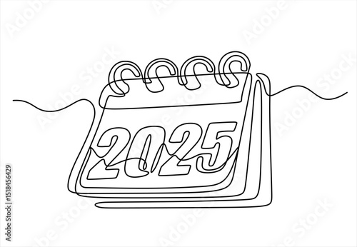 Loose-leaf calendar continuous line drawing. One line art of calendar 2025, memorable date, countdown, holiday, weekday and weekend. Hand drawn one line vector. Editable stroke