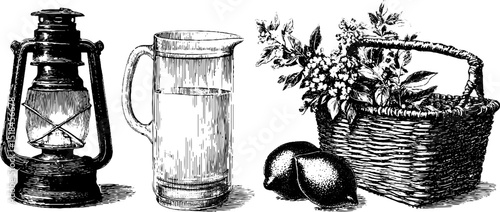 Vintage garden party lanterns and picnic essentials engraving for event design