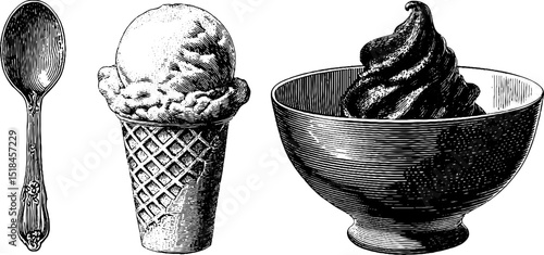 Vintage dessert art: engraved gelato cone, bowl, and spoon for culinary decor