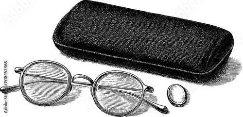 Vintage engraved illustration of round glasses with case for classic reading themes