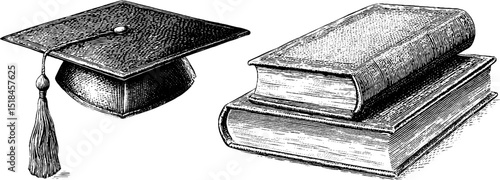 Vintage academic theme with engraved graduation cap and books for educational design