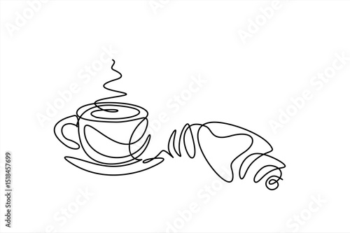 Croissant and coffee drawn in one line style. Breakfast theme with linear pastry and coffee for logo and posters, simple sketch design. Hand drawn one line vector. Editable stroke	