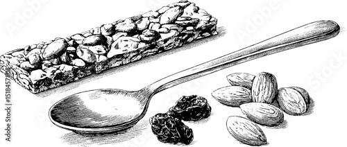Engraved illustration of granola bar with almonds, spoon, and raisins for health and nutrition