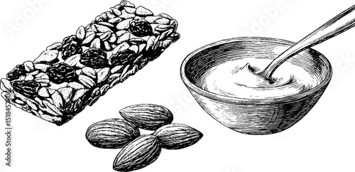 Detailed engraved illustration of granola bar with almonds and yogurt